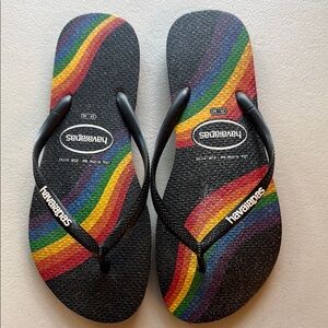 Havaianas Black Flip Flops with Rainbow Stripes
